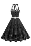 Polka Dots Halter Black A Line 1950s Dress with Bow