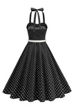 Polka Dots Halter Black A Line 1950s Dress with Bow