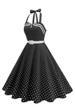 Polka Dots Halter Black A Line 1950s Dress with Bow