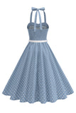 Polka Dots Halter Black A Line 1950s Dress with Bow