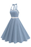 Polka Dots Halter Black A Line 1950s Dress with Bow