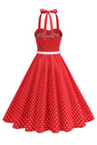 Polka Dots Halter Black A Line 1950s Dress with Bow