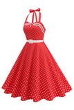 Polka Dots Halter Black A Line 1950s Dress with Bow