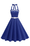 Polka Dots Halter Black A Line 1950s Dress with Bow