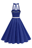 Polka Dots Halter Black A Line 1950s Dress with Bow