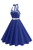 Polka Dots Halter Black A Line 1950s Dress with Bow