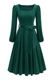 Dark Green Long Sleeve A Line 1950s Dress with Belt