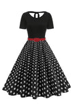 Round Neck Black Polka Dots A Line 1950s Dress