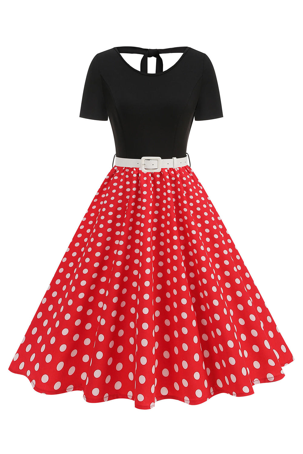 Zapaka Women Round Neck 1950s Dress with Belt Polka Dots Short Sleeve ...