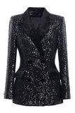 Sparkly Black Sequin Double Breasted Peak Lapel Women Blazer