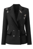 Black Beaded Embroidered Double Breasted Notched Lapel Blazer