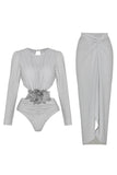 Silver Long Sleeves 2 Piece Swimsuit with Beach Dress
