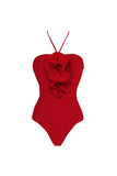 Red 2 Piece Halter 3D Flower Ruffled Swimsuit with Beach Dress