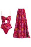 Red Spaghetti Straps 2 Piece Cut Out Swimsuit with Beach Dress