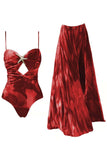 Red Spaghetti Straps 2 Piece Cut Out Swimsuit with Beach Dress