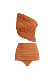 3 Piece One Shoulder Orange Ruched Swimsuit with Beach Dress