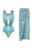 Metallic Blue V-Neck 2 Piece Beaded Swimsuit with Beach Dress