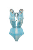 Metallic Blue V-Neck 2 Piece Beaded Swimsuit with Beach Dress
