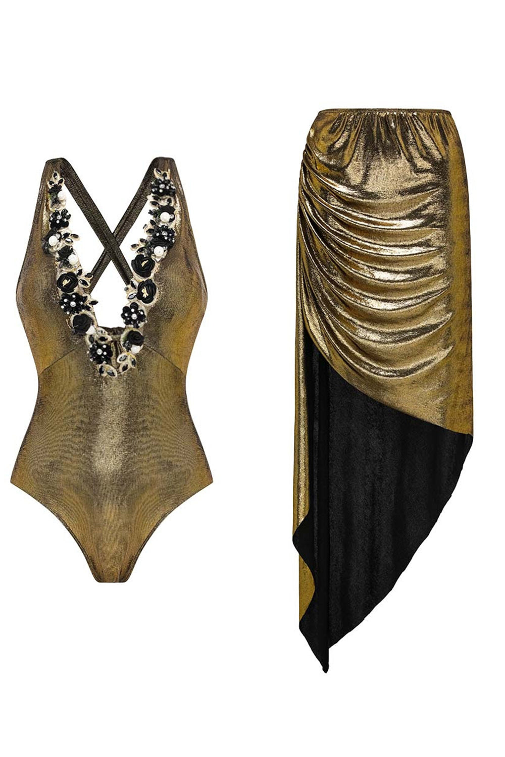 Zapaka Women Metallic Golden Swimwear with 3D Flowers 2 Piece V-Neck Ruched Swimsuit with Beach Dress, Golden / XL Zapaka Women Metallic Golden Swimwear with 3D Flowers 2 Piece V-Neck Ruched Swimsuit with Beach Dress, Golden / XL