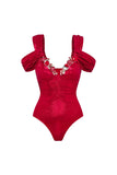 Red Cold Shoulder 2 Piece 3D Flower Swimsuit with Beach Dress