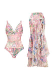 Pink Floral Ruffled Spaghetti Straps 2 Piece Swimsuit with Beach Dress
