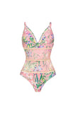 Pink Floral Ruffled Spaghetti Straps 2 Piece Swimsuit with Beach Dress