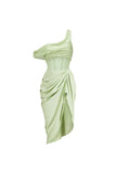 Green One Shoulder Corset Ruched Swimsuit with Cover Up