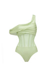 Green One Shoulder Corset Ruched Swimsuit with Cover Up