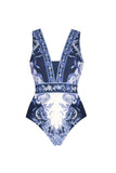 2 Piece White and Blue V-Neck Print Flower Swimsuit with Cover Up