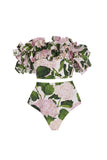 Off The Shoulder 3 Piece Green Pink Floral Ruffled Swimwear with Cover Up