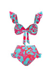 3 Piece Blue and Fuchsia Printed Swimwear with Cover Up Skirt