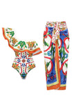 One Shoulder 2 Piece Orange Blue Print Swimwear with Cover Up Dress