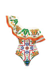 One Shoulder 2 Piece Orange Blue Print Swimwear with Cover Up Dress