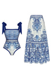 Blue White Print Spaghetti Straps 2 Piece Swimwear with Cover Up