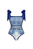 Blue White Print Spaghetti Straps 2 Piece Swimwear with Cover Up