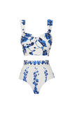 White Blue Floral 3 Piece Print Floral Swimwear Set with Beach Dress