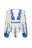 2 Piece White Blue Flower Long Sleeves Swimwear Set with Beach Dress