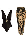 Black Deep V Neck 2 Piece Tummy Control Swimsuit with Cover Up Skirt