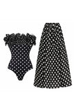 Black White Dots 2 Piece Strapless Ruffled Swimsuit with Cover Up Skirt