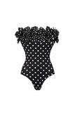 Black White Dots 2 Piece Strapless Ruffled Swimsuit with Cover Up Skirt