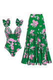Dark Green 2 Piece Printed Floral V Neck Swimsuit with Cover Up