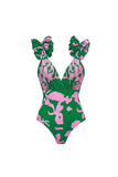 Dark Green 2 Piece Printed Floral V Neck Swimsuit with Cover Up