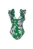 Dark Green 2 Piece Printed Floral V Neck Swimsuit with Cover Up