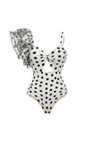 One Shoulder White Black Dot Cut Out 2 Piece Swimsuit with Cover Up