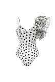 One Shoulder White Black Dot Cut Out 2 Piece Swimsuit with Cover Up