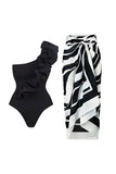 One Shoulder Black 2 Piece Ruffled Swimwear with Cover Up Dress