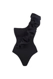 One Shoulder Black 2 Piece Ruffled Swimwear with Cover Up Dress