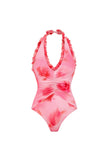 Halter Ruffled Hot Pink 2 Piece Swimsuit with Cover Up