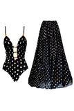 Black White Dots Spaghetti Straps 2 Piece Cut Out Swimsuit with Cover Up