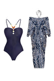 Navy Spaghetti Straps 2 Piece Beaded Swimsuit with Cover Up Dress